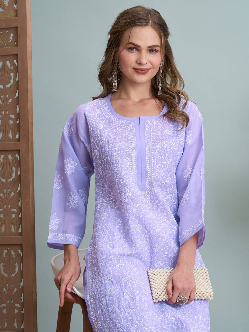 Hand Embroidered White Cotton Lucknowi Chikan Kurta (XS) (A411181) | KDG - view 22