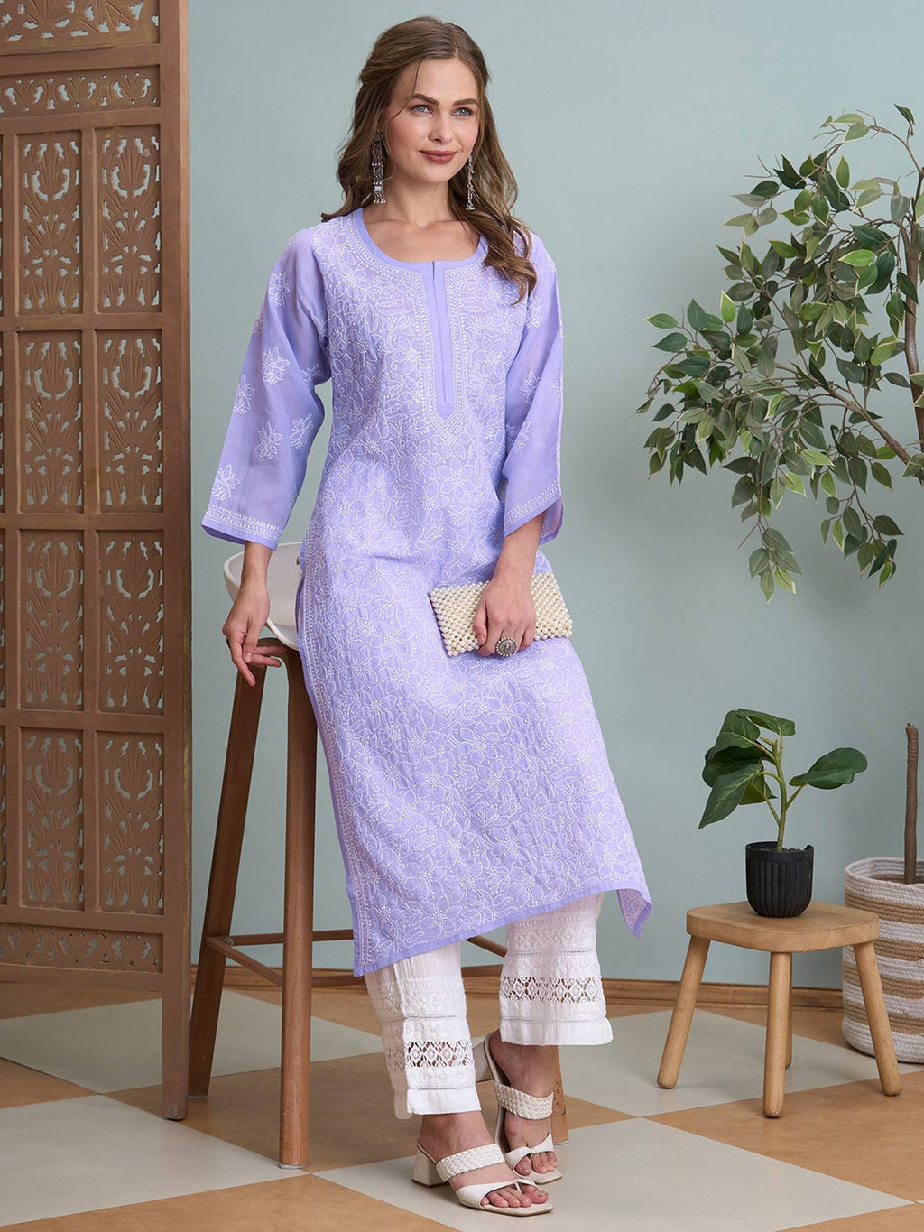 Hand Embroidered White Cotton Lucknowi Chikan Kurta (XS) (A411181) | KDG - view 23