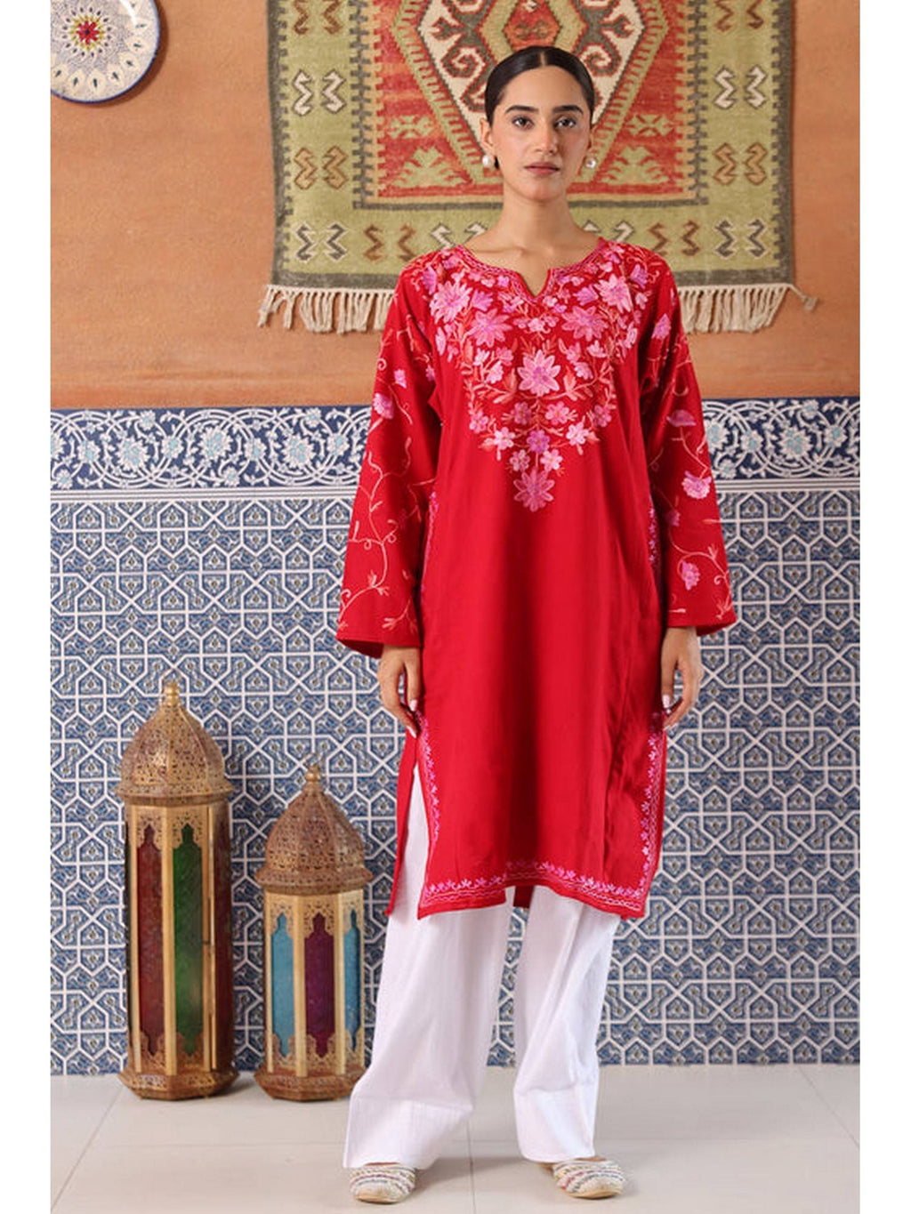 Women Red Embroidered Straight Kurta | FY93 - view 1