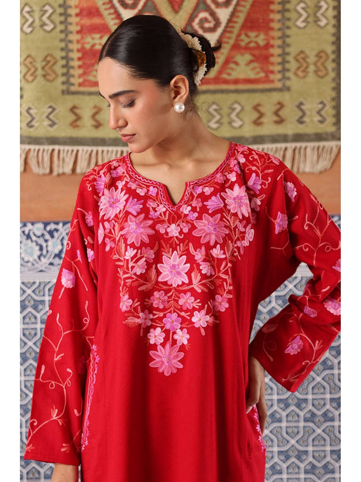 Women Red Embroidered Straight Kurta | FY93 - view 2