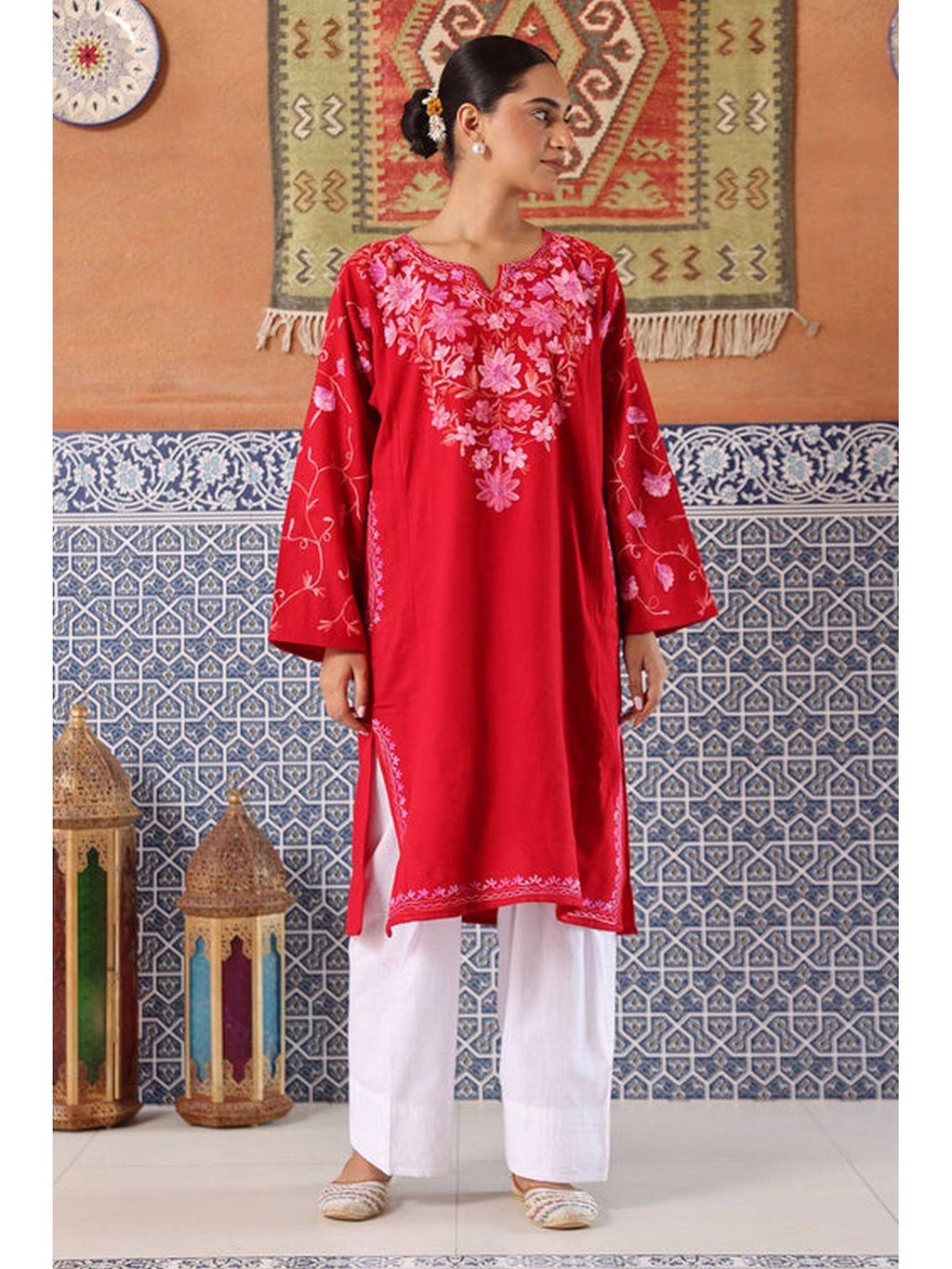 Women Red Embroidered Straight Kurta | FY93 - view 3