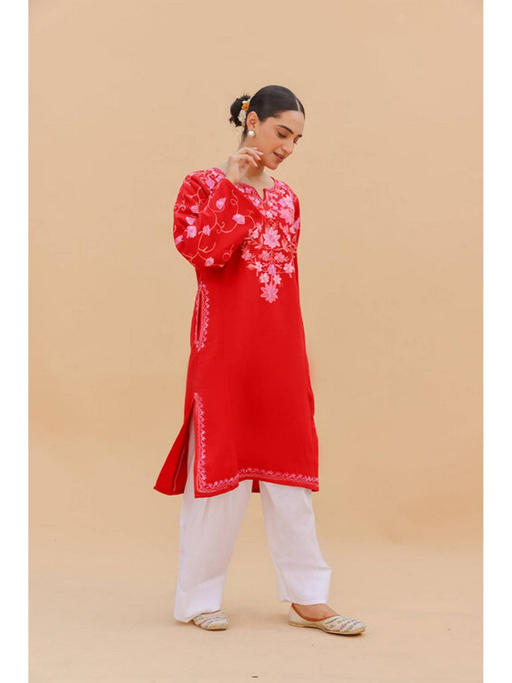 Women Red Embroidered Straight Kurta | FY93 - view 7