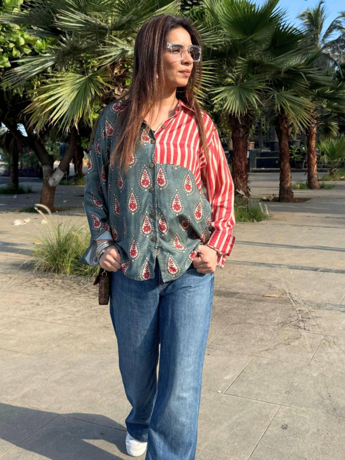 Jazba -Moss Green Dual Printed Stripe Shirt | S67 - view 4