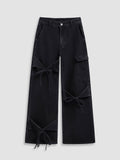 Denim Mid Rise Solid Bowknot Pocket Wide Leg Jeans | WL90 - view 1