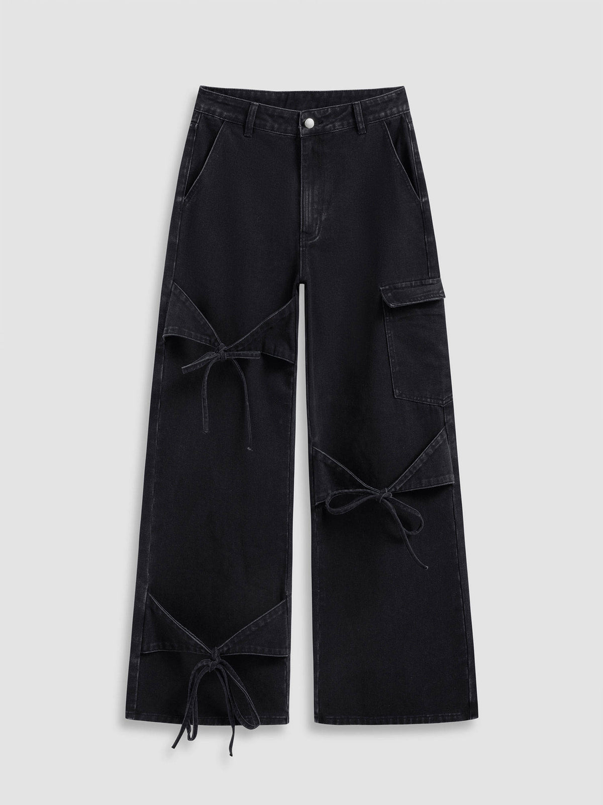 Denim Mid Rise Solid Bowknot Pocket Wide Leg Jeans | WL90 - view 1