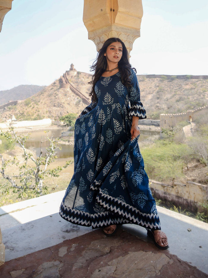 Blue Long Cotton Anarkali Kurta | U3S - view 1