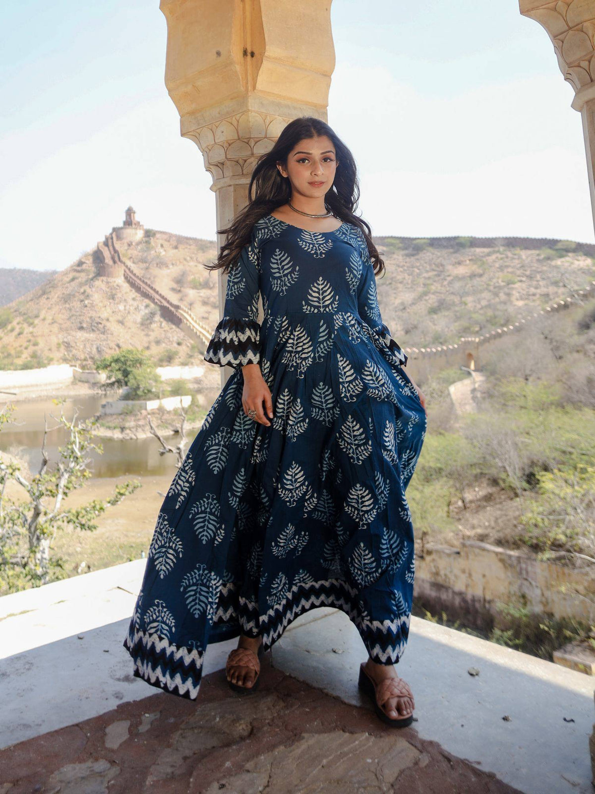 Blue Long Cotton Anarkali Kurta | U3S - view 2