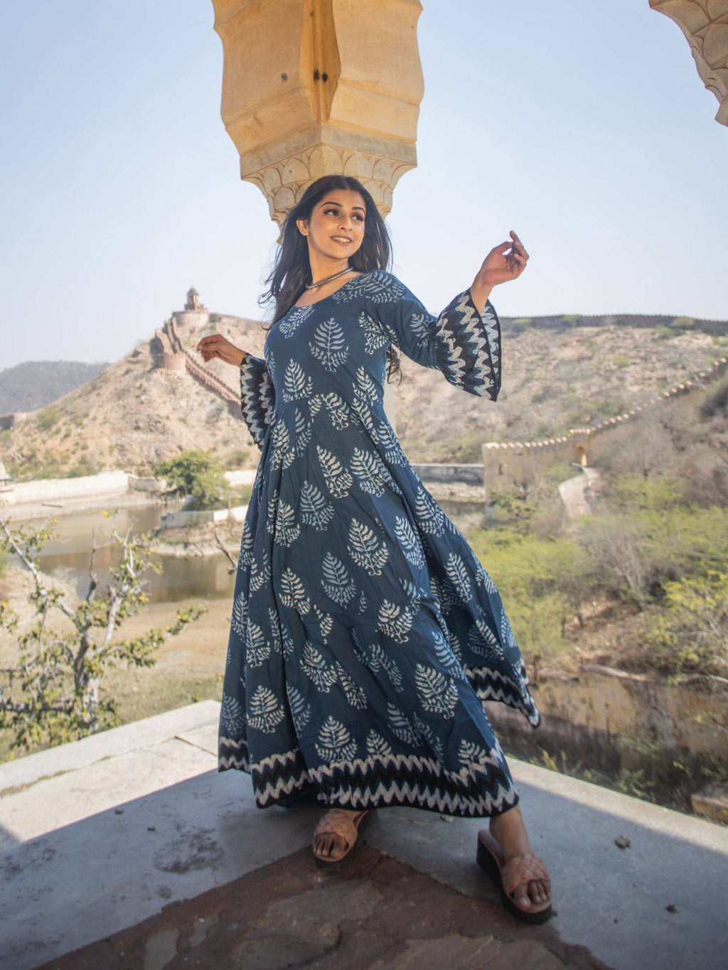 Blue Long Cotton Anarkali Kurta | U3S - view 3