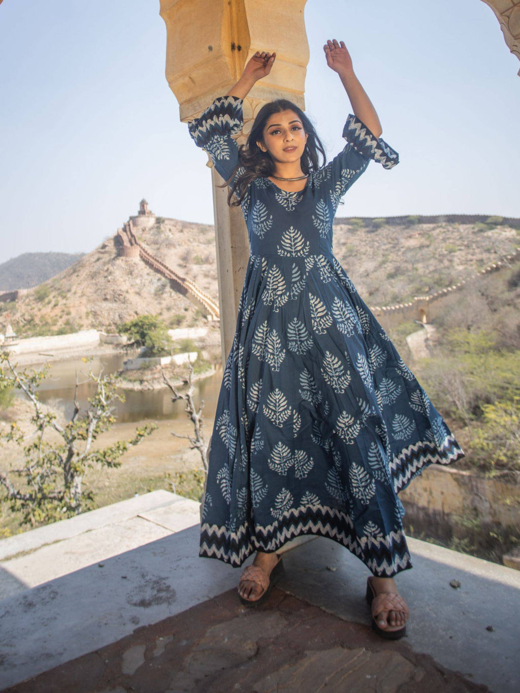 Blue Long Cotton Anarkali Kurta | U3S - view 4