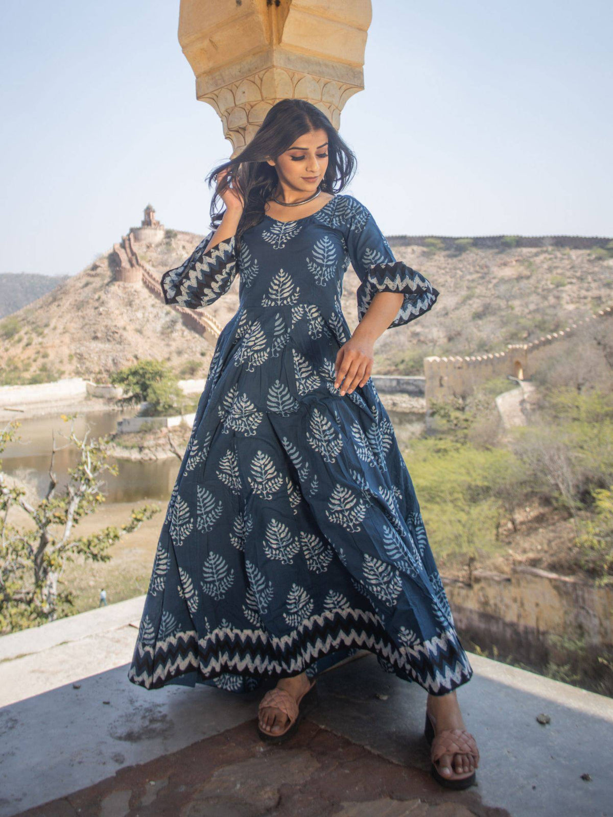 Blue Long Cotton Anarkali Kurta | U3S - view 5