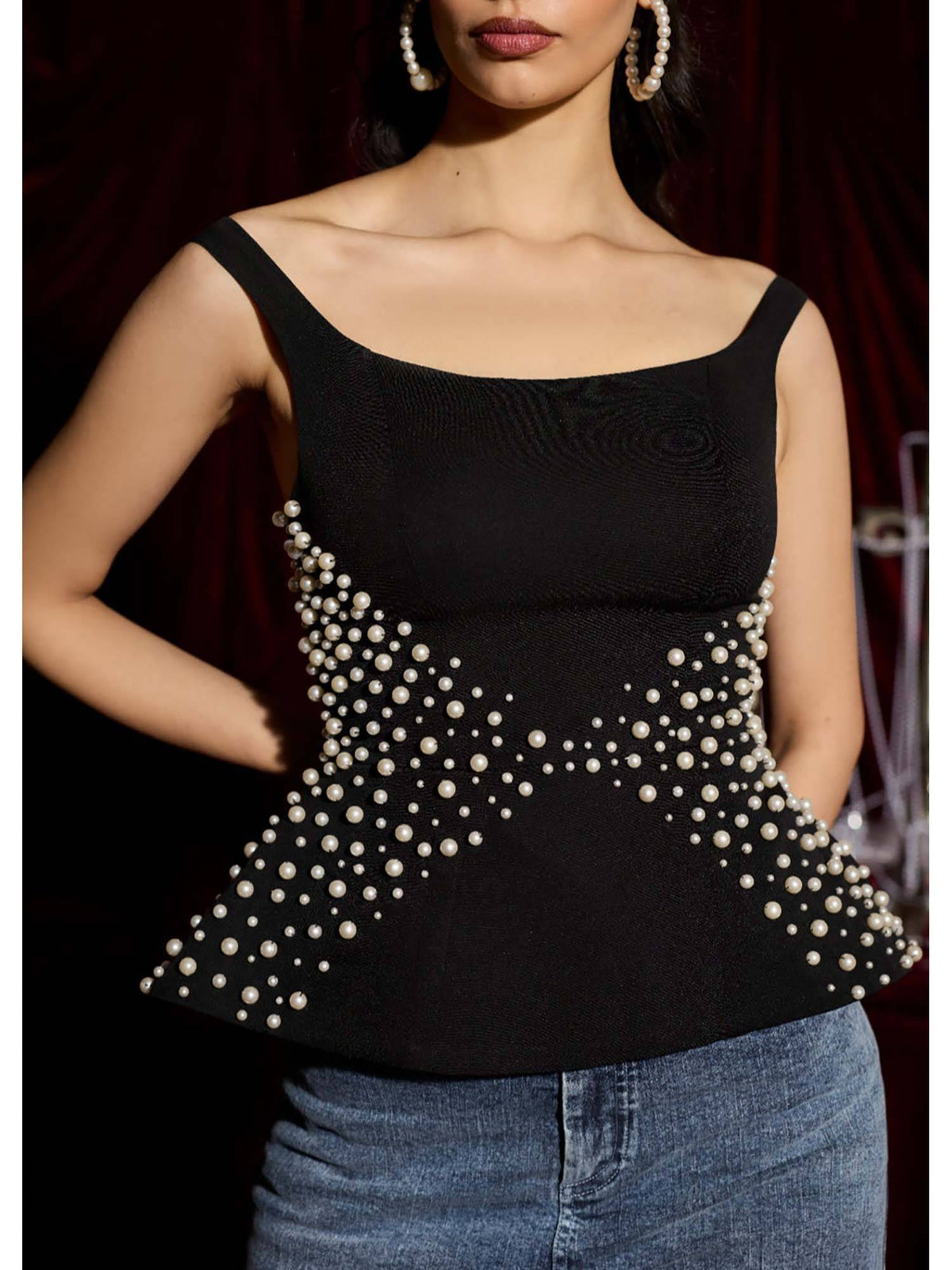Starlit Black Pearl Embroidered Peplum Top | pt51 - view 2