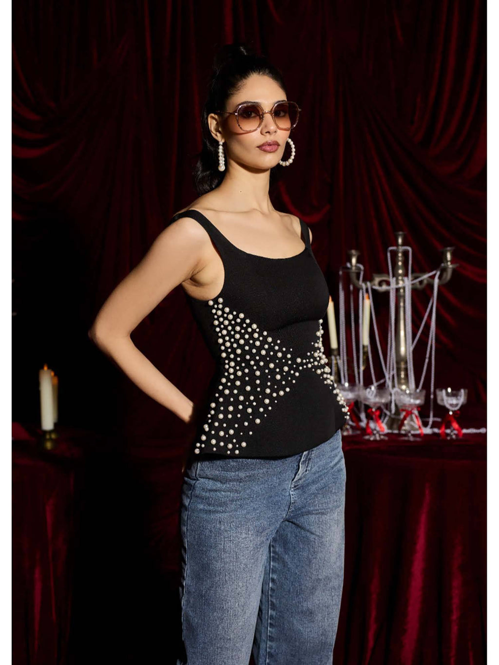 Starlit Black Pearl Embroidered Peplum Top | pt51 - view 4