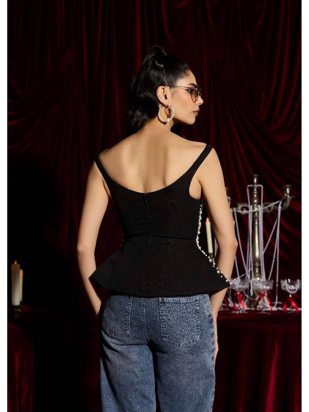 Starlit Black Pearl Embroidered Peplum Top | pt51 - view 5