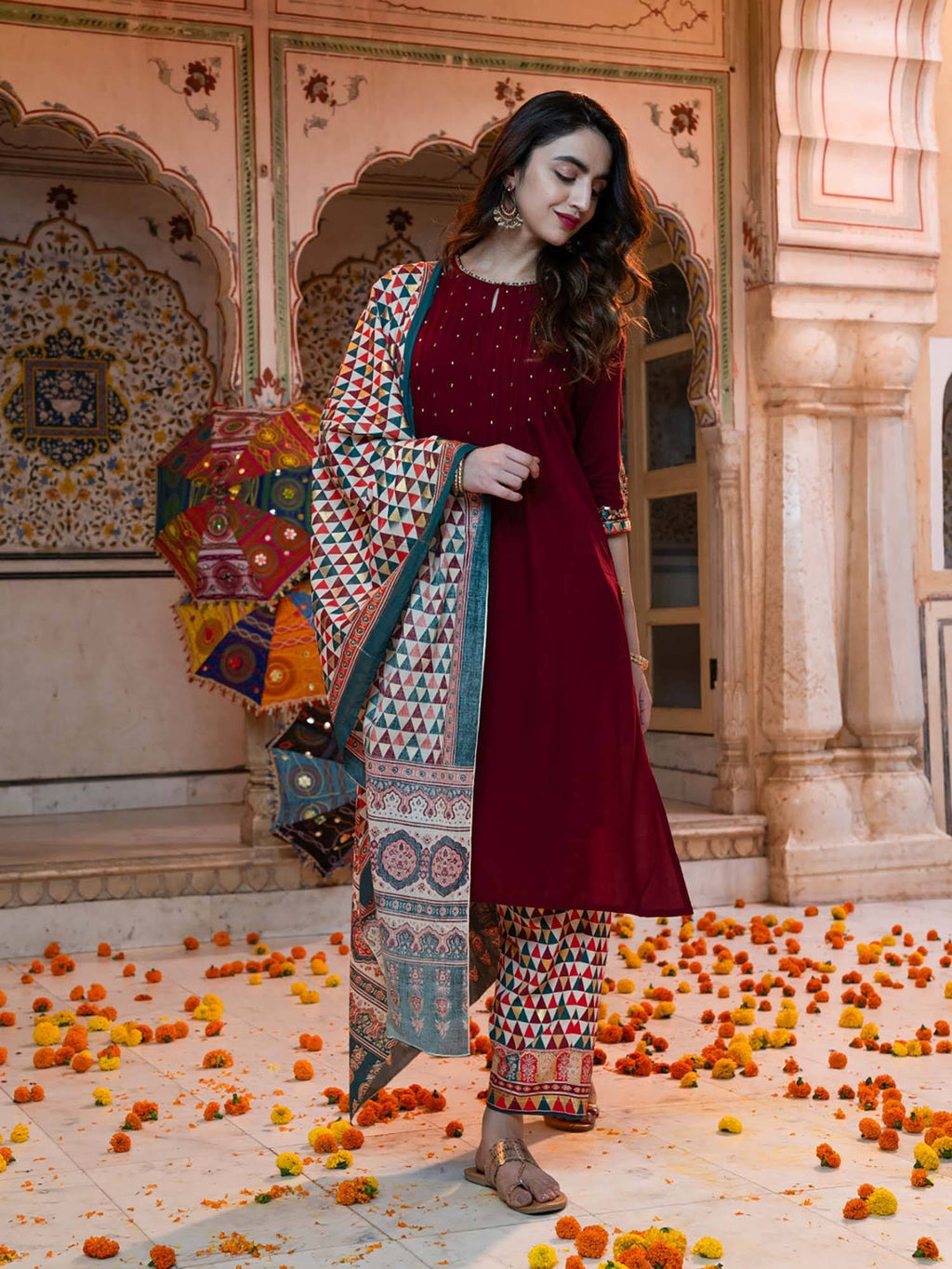 Maroon Sequined Straight Kurta with Pleated Yoke | KDG - view 1