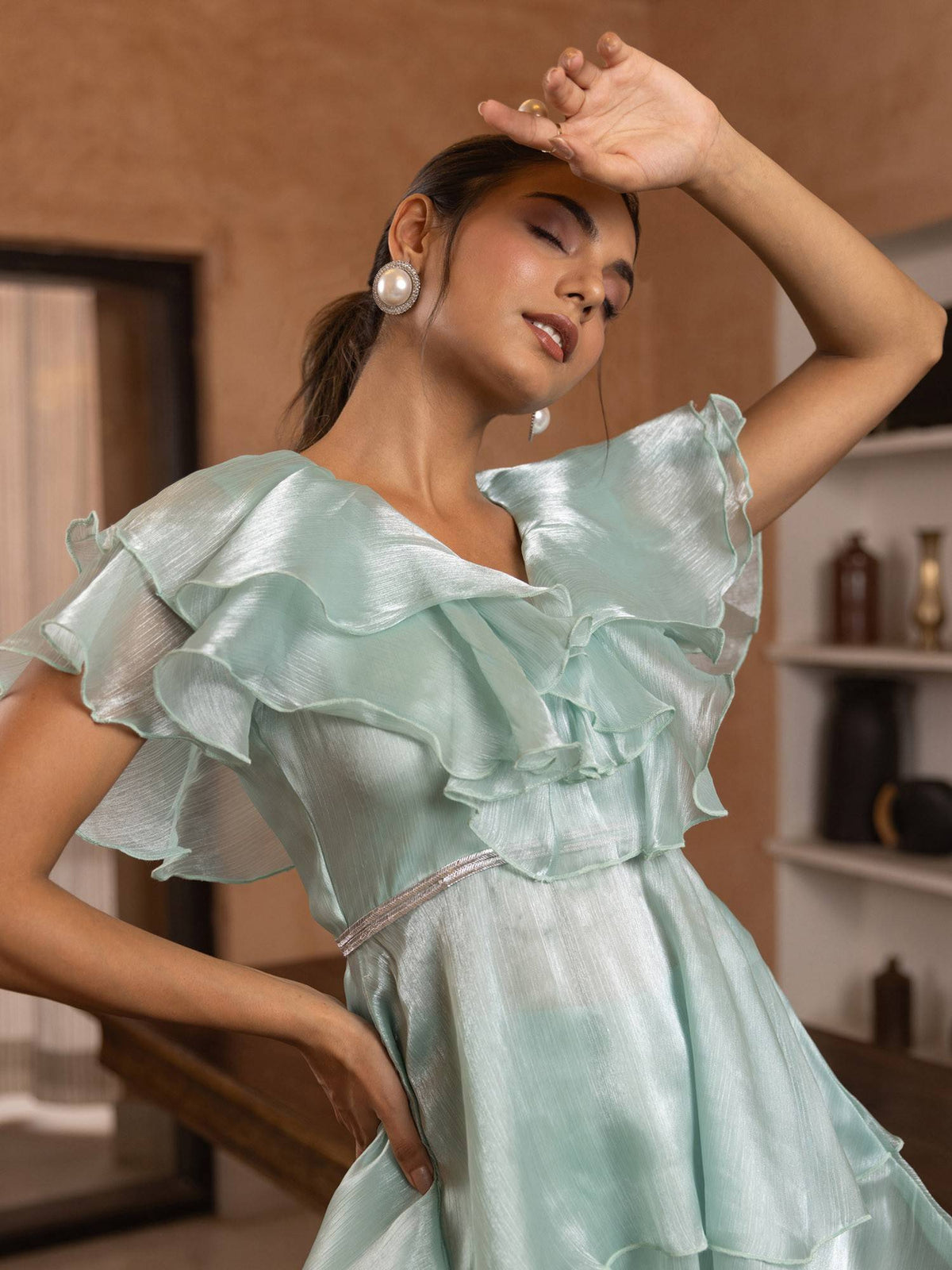 Sage Ruffle Organza Peplum Top | pt51 - view 4
