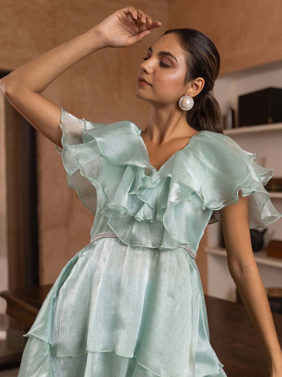 Sage Ruffle Organza Peplum Top | pt51 - view 5