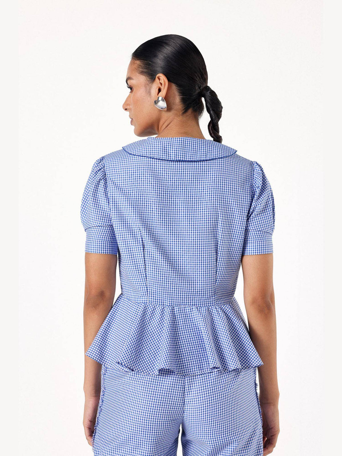 Blue Pure Cotton Checks Peplum Top | pt51 - view 2