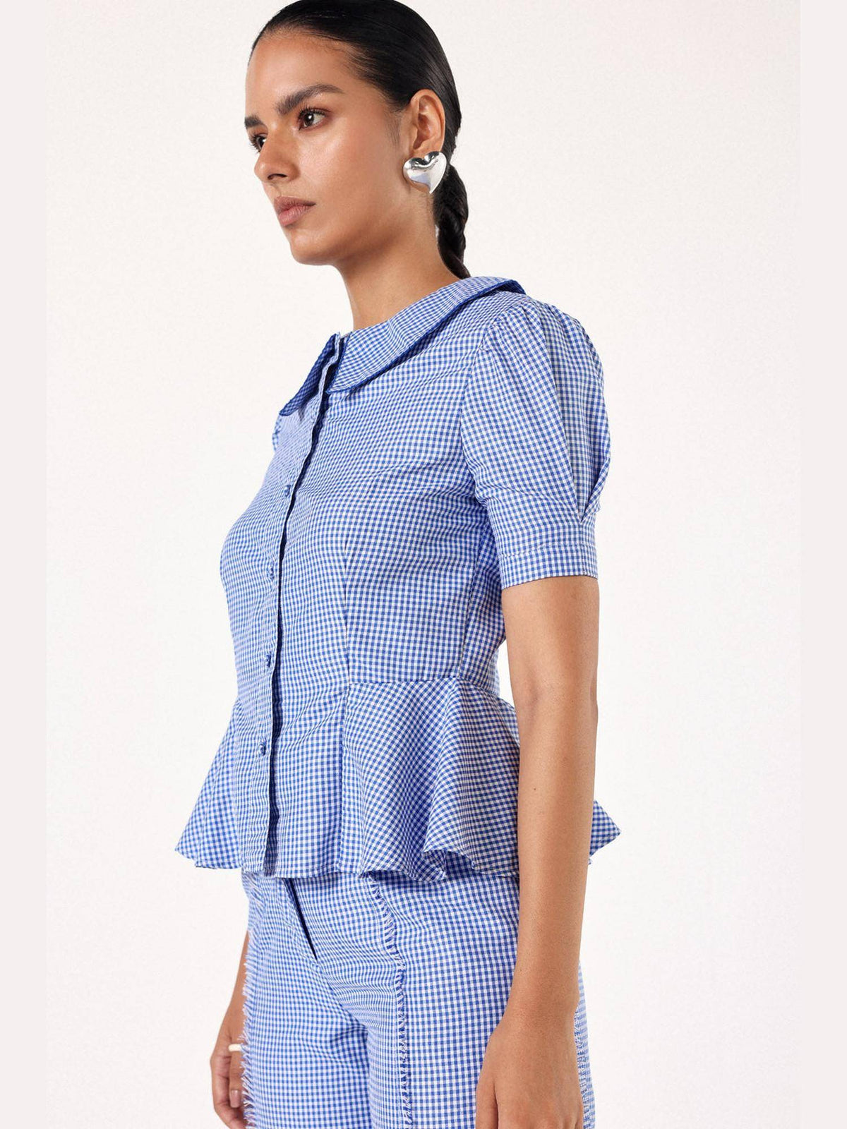 Blue Pure Cotton Checks Peplum Top | pt51 - view 3