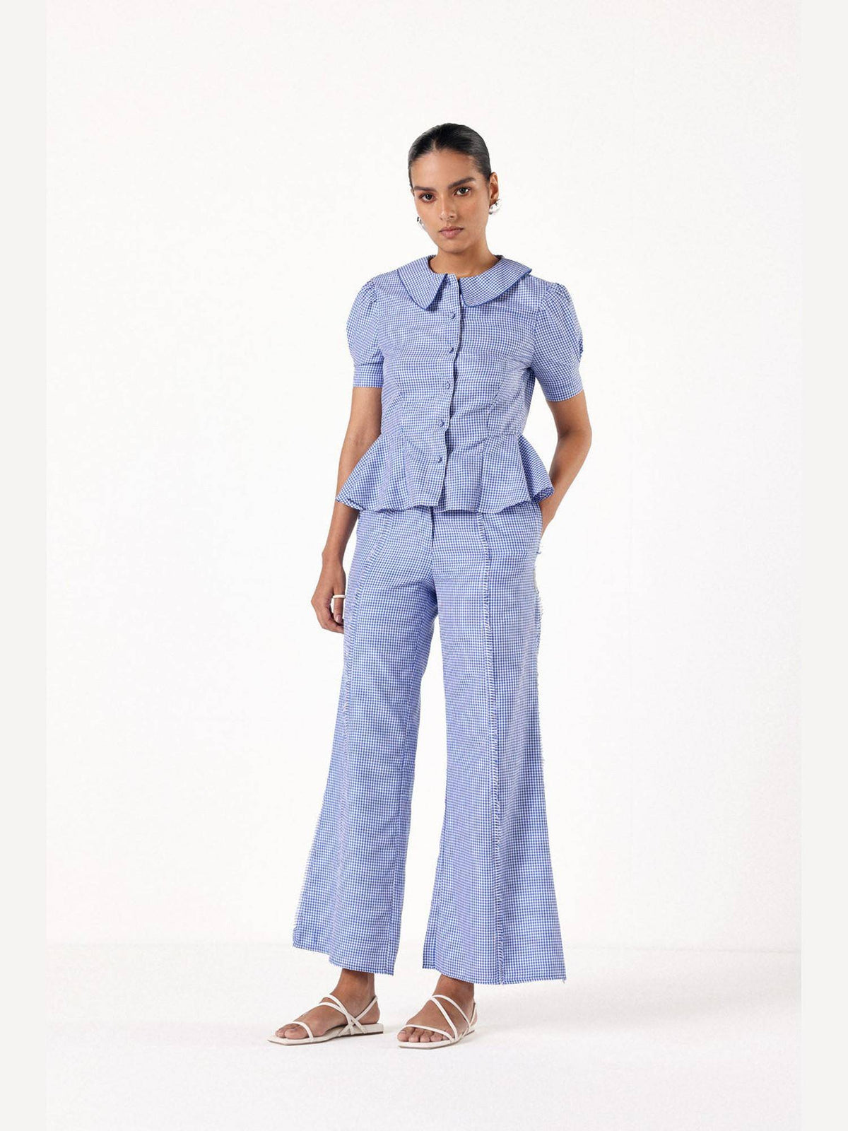 Blue Pure Cotton Checks Peplum Top | pt51 - view 4