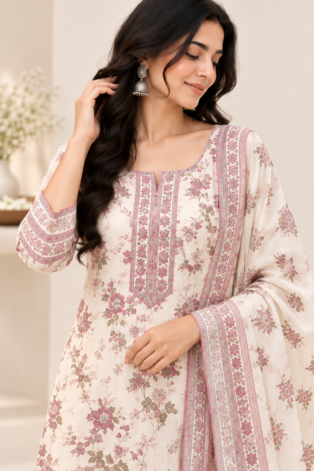 Ivory Floral Kurta Set with Printed Dupatta