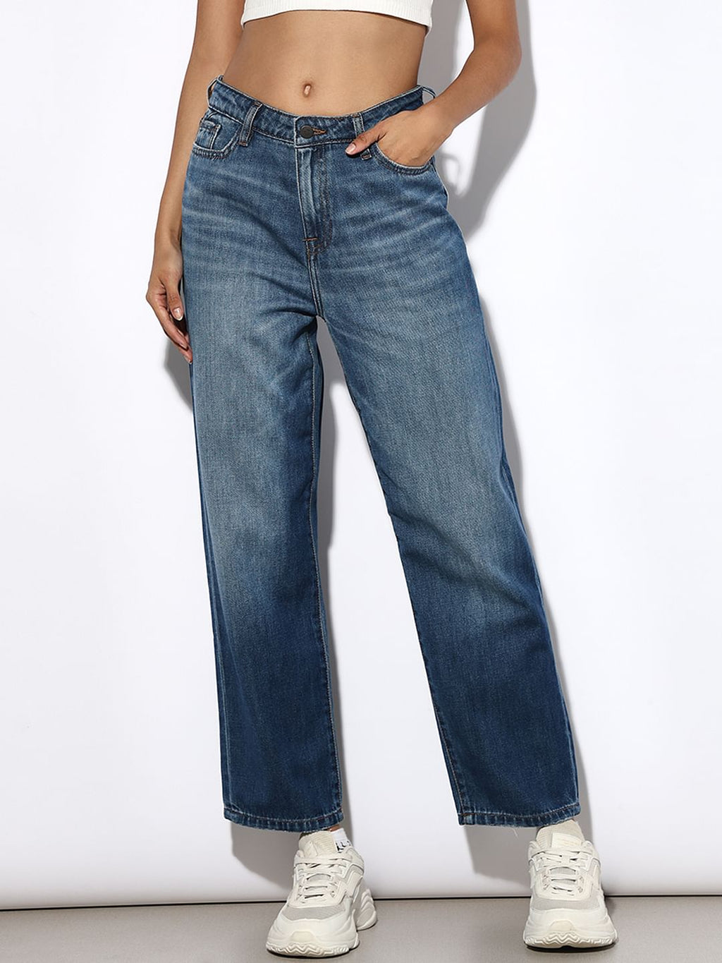 Dark Blue High Rise Straight Fit Jeans
