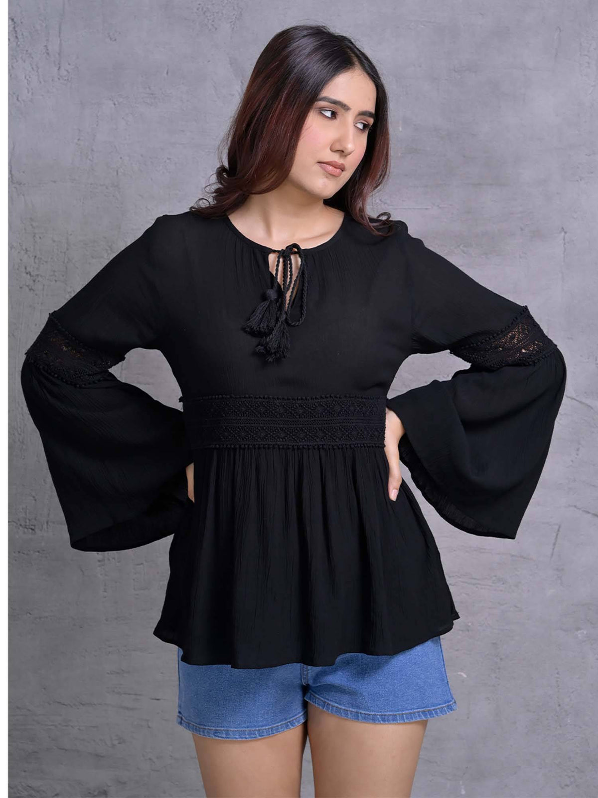 Black Flared Sleeve Peplum Top | pt51 - view 1
