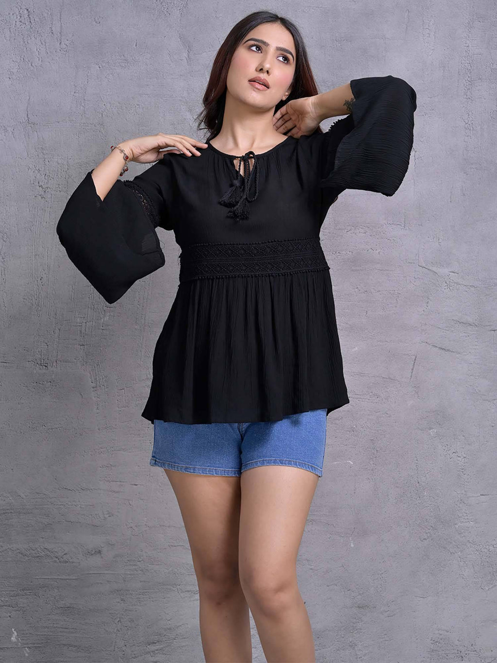 Black Flared Sleeve Peplum Top | pt51 - view 2