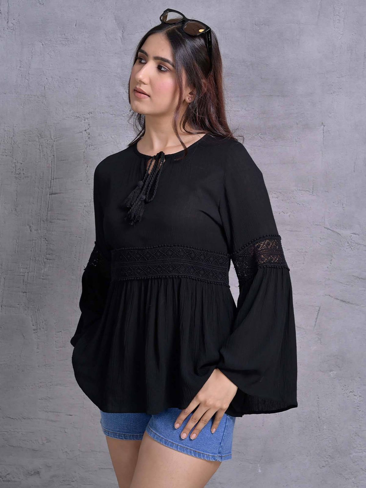 Black Flared Sleeve Peplum Top | pt51 - view 3