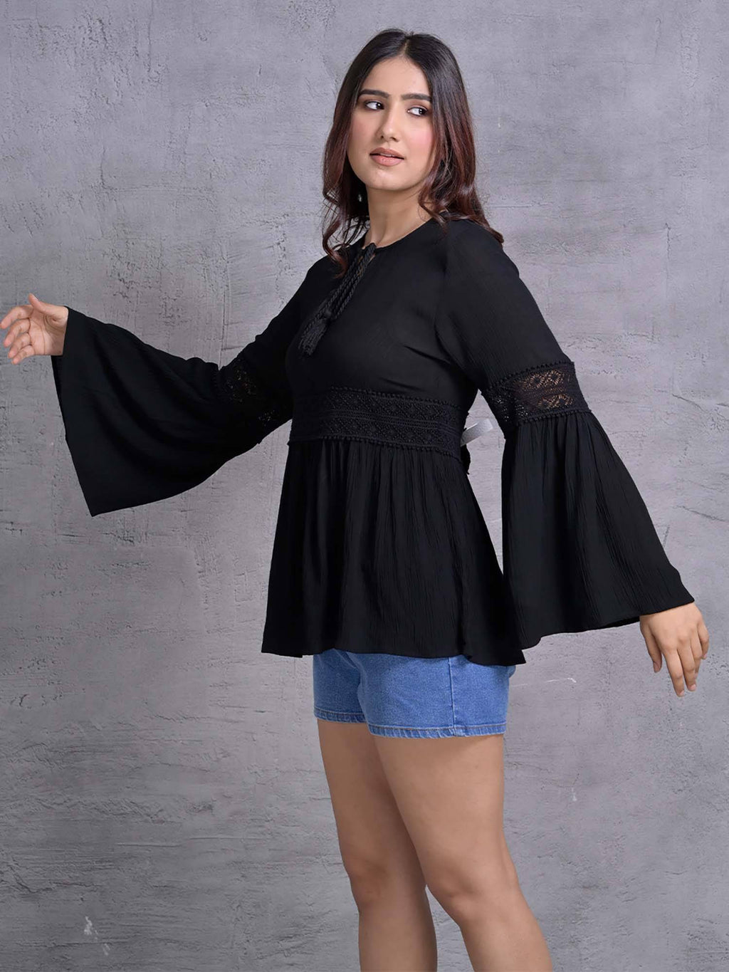 Black Flared Sleeve Peplum Top | pt51 - view 4