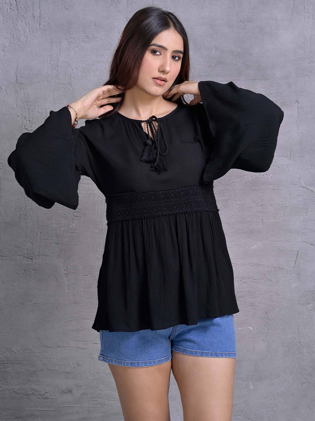 Black Flared Sleeve Peplum Top | pt51 - view 5