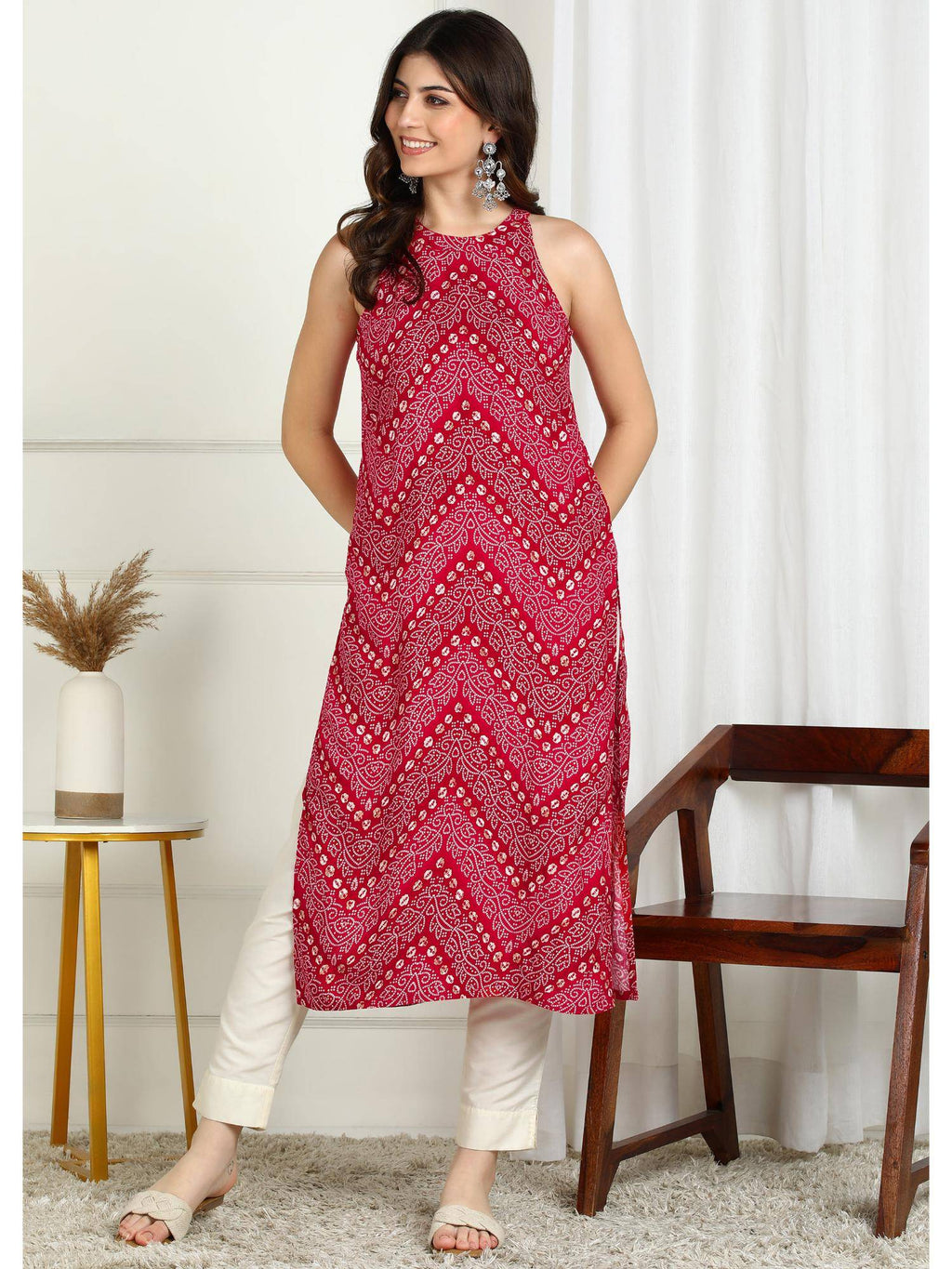 Pink Bandhani Printed Sleeveless Rayon Kurta | FY93 - view 1