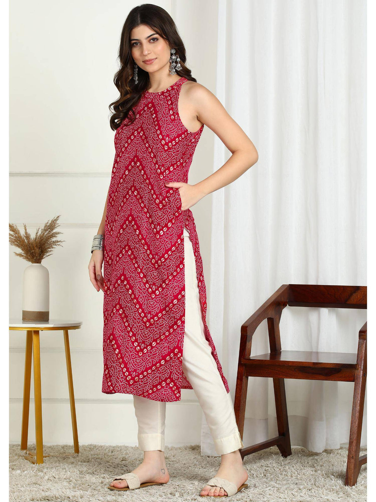 Pink Bandhani Printed Sleeveless Rayon Kurta | KDG - view 2