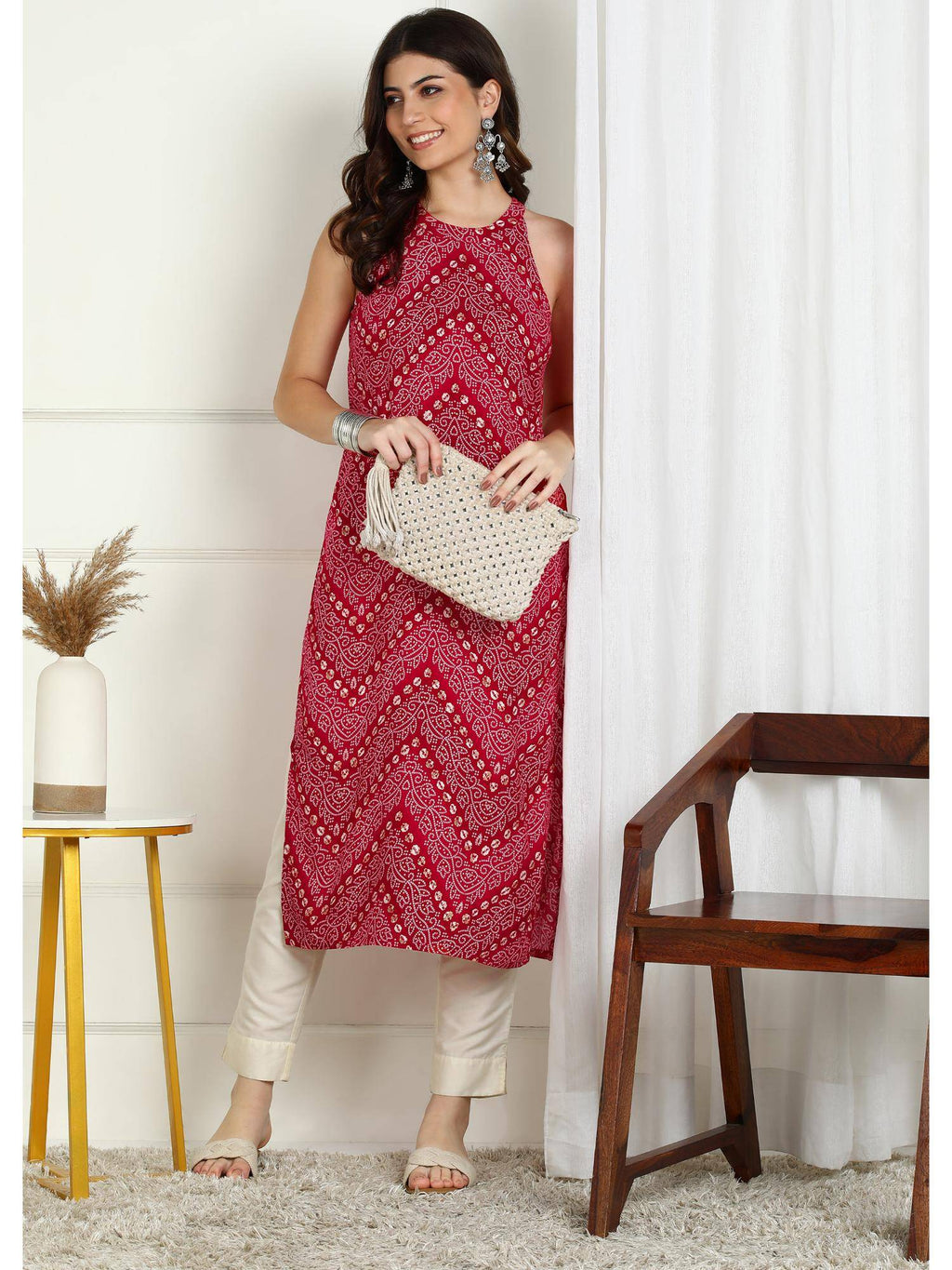 Pink Bandhani Printed Sleeveless Rayon Kurta | KDG - view 3