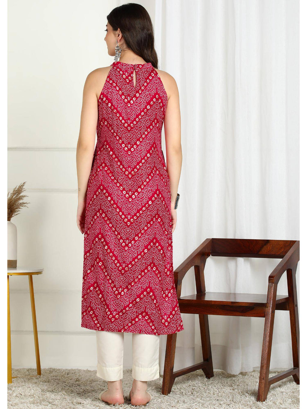 Pink Bandhani Printed Sleeveless Rayon Kurta | KDG - view 4