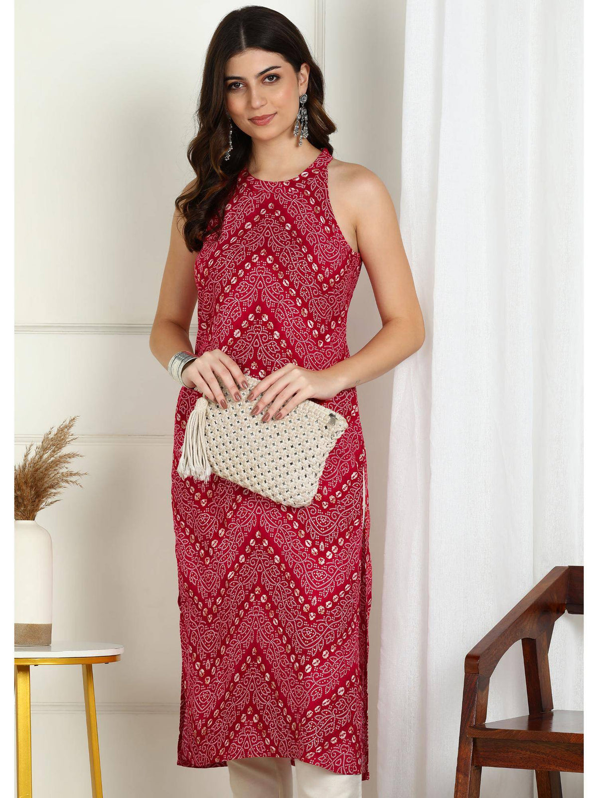 Pink Bandhani Printed Sleeveless Rayon Kurta | KDG - view 5