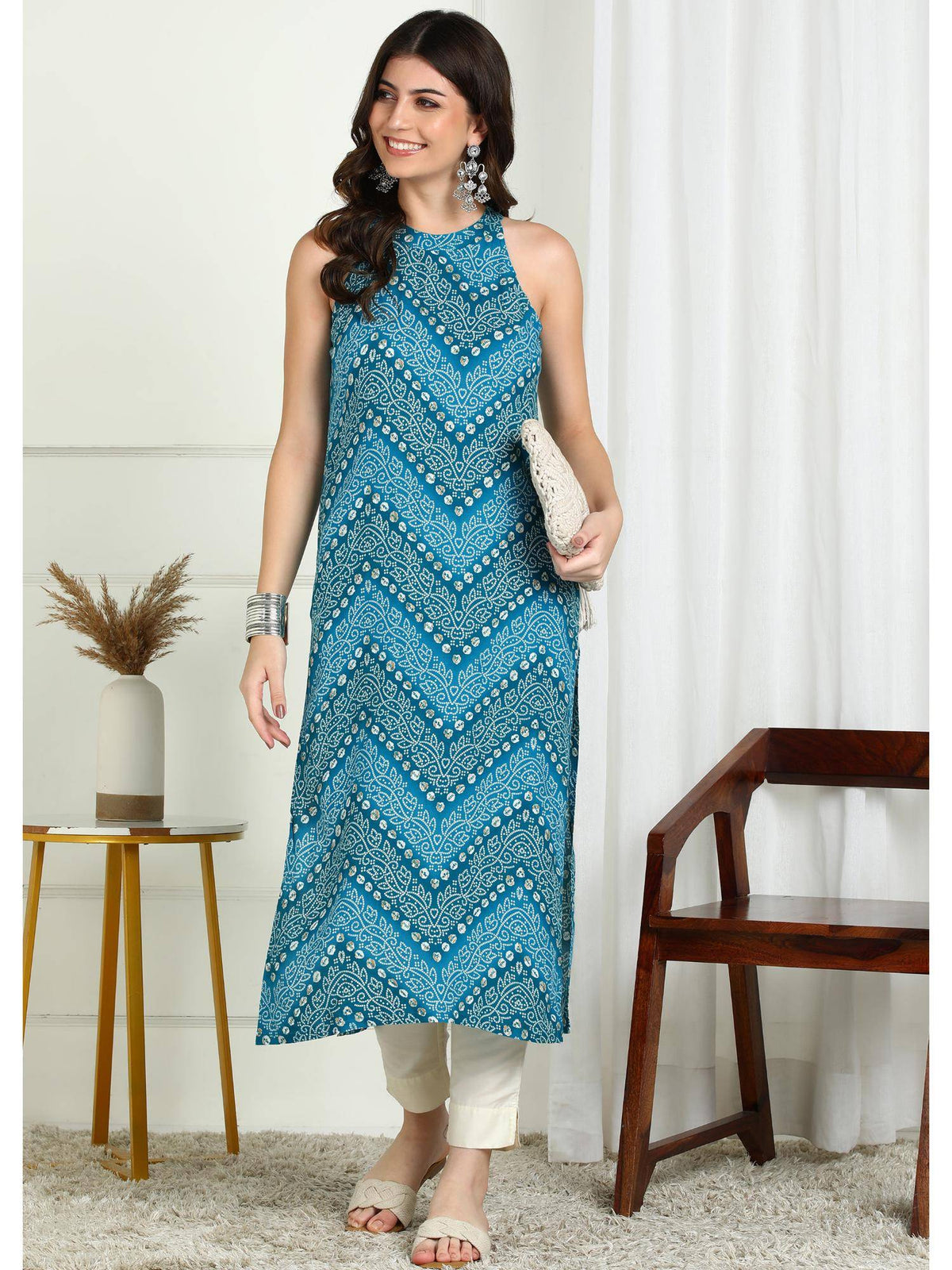 Pink Bandhani Printed Sleeveless Rayon Kurta | KDG - view 10