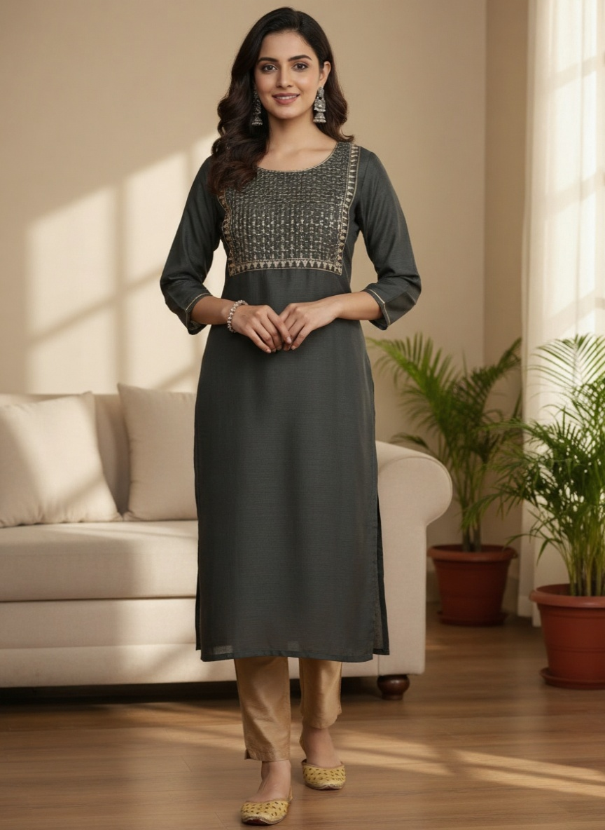 Gerua Grey Embroidered Silk Straight Kurta