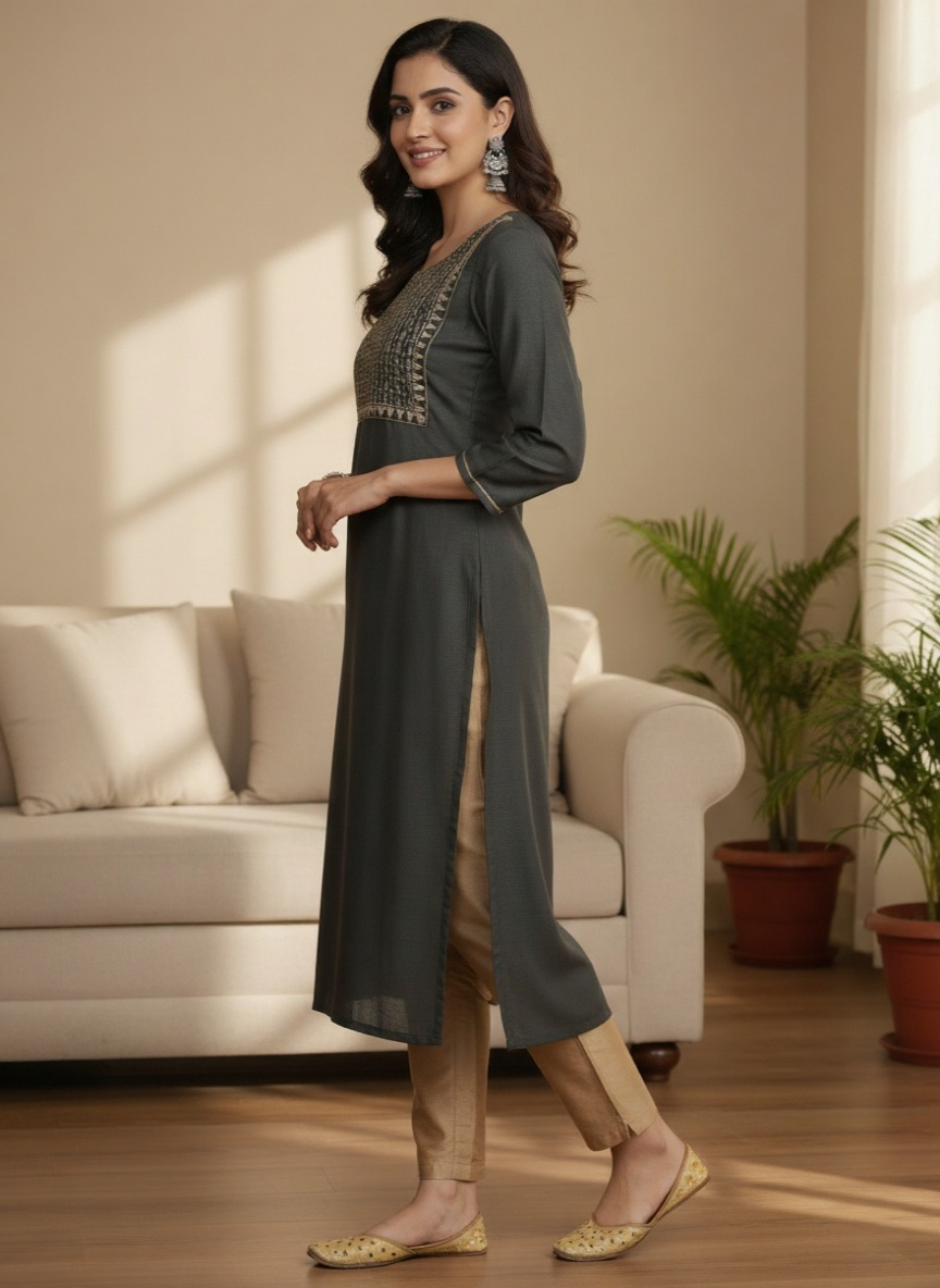 Gerua Grey Embroidered Silk Straight Kurta