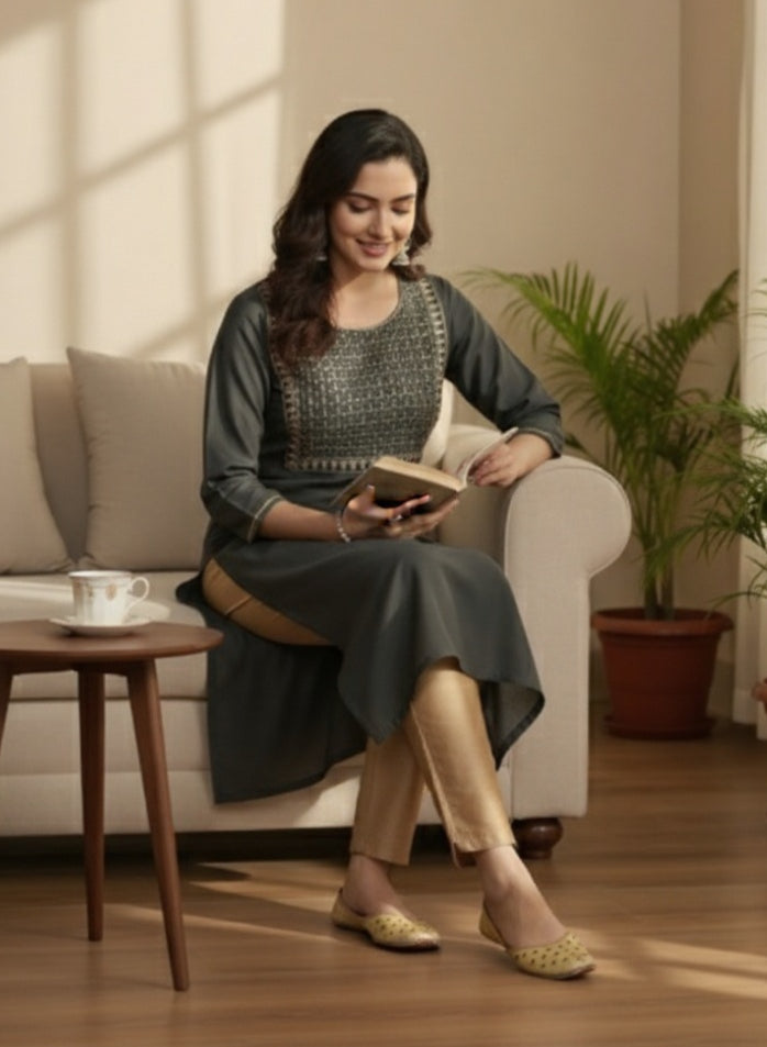 Gerua Grey Embroidered Silk Straight Kurta