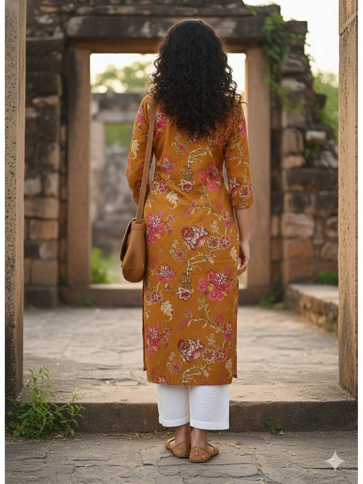 Mustard Yellow Pure Cotton Floral Printed Kurta | U3S - view 2