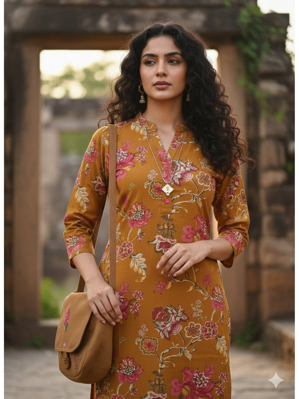 Mustard Yellow Pure Cotton Floral Printed Kurta | U3S - view 4