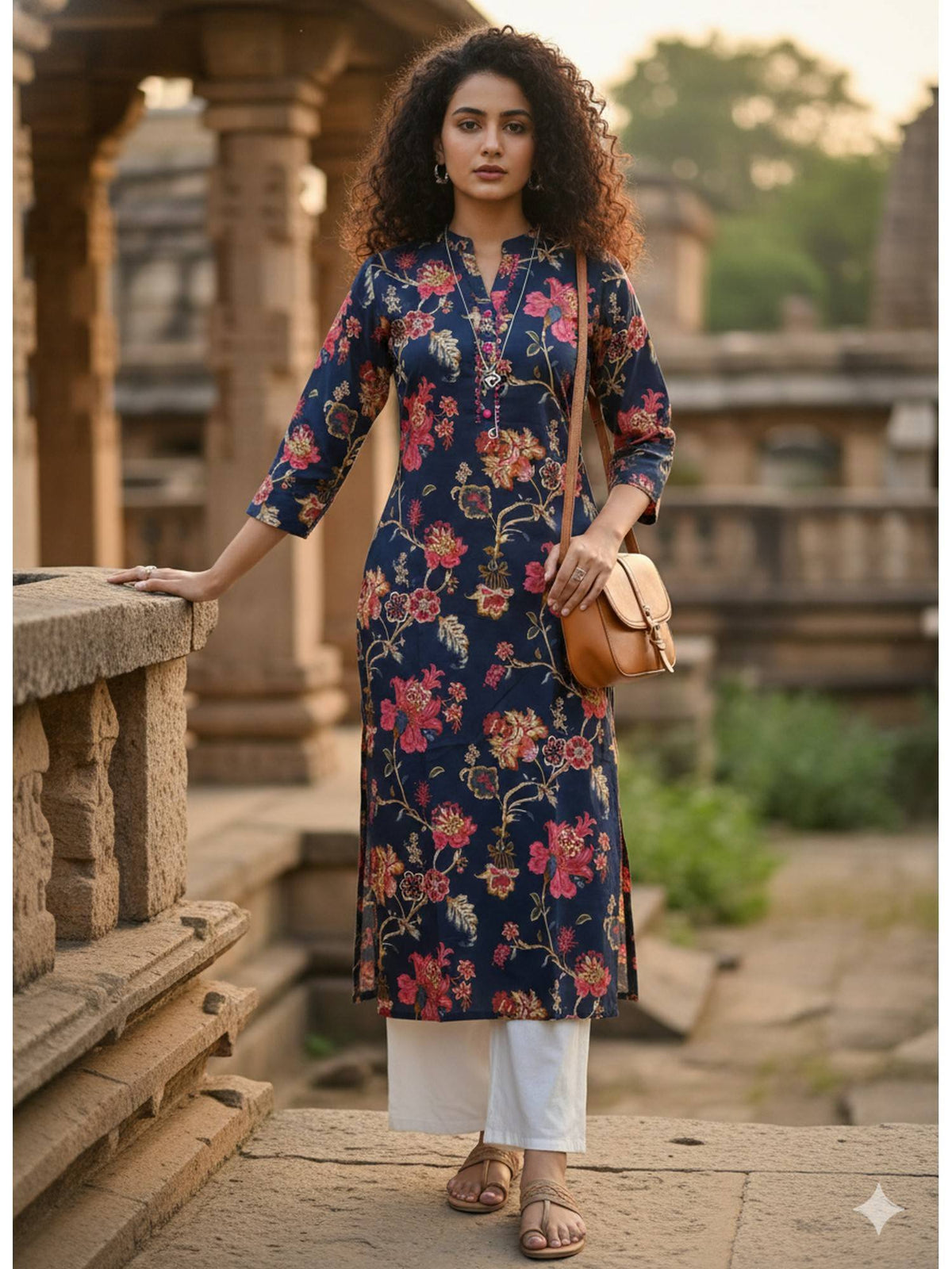 Blue Pure Cotton Floral Printed Kurta | FY93 - view 1