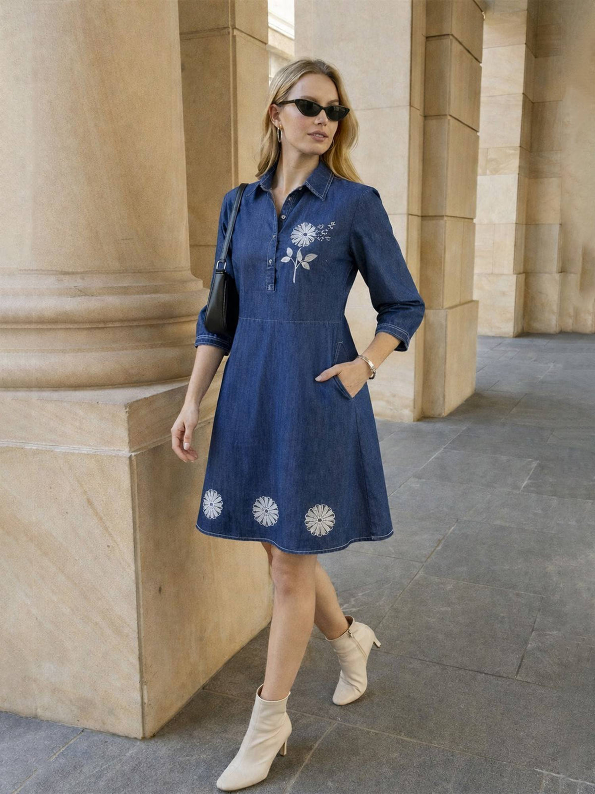 Blue Embroidered Denim Dress | D56 - view 3