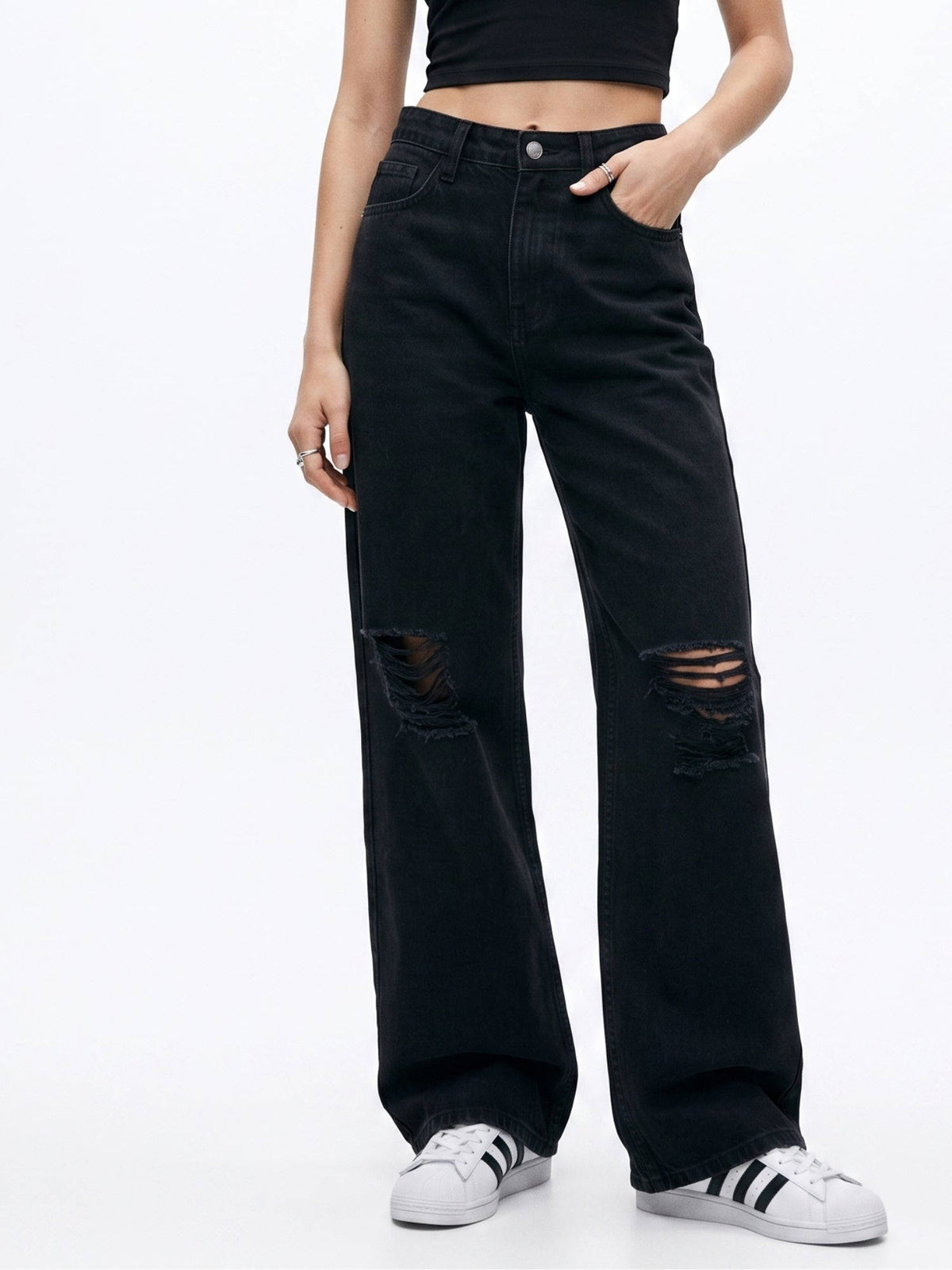 Black Mid Rise Distressed Wide Leg Denim Jeans | WL90 - view 1
