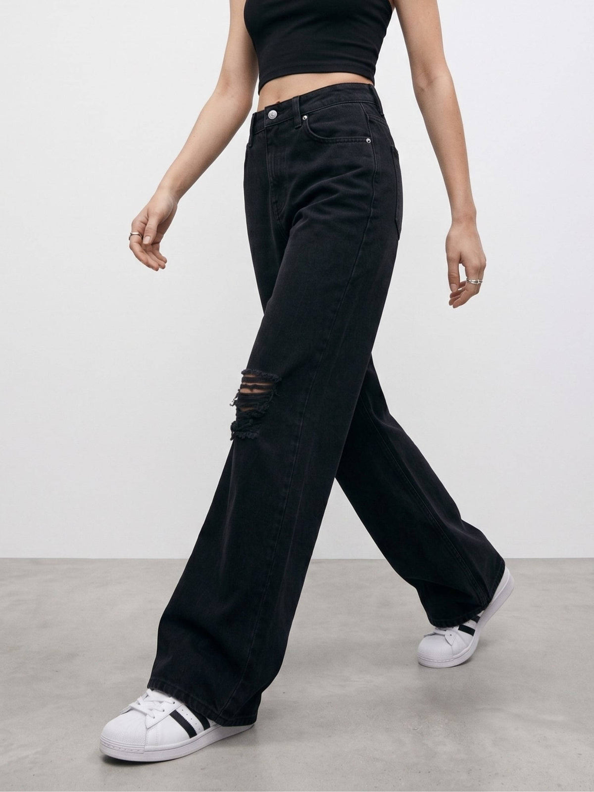 Black Mid Rise Distressed Wide Leg Denim Jeans | WL90 - view 2