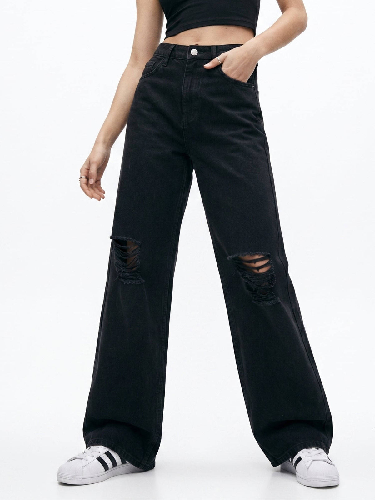 Black Mid Rise Distressed Wide Leg Denim Jeans | WL90 - view 3