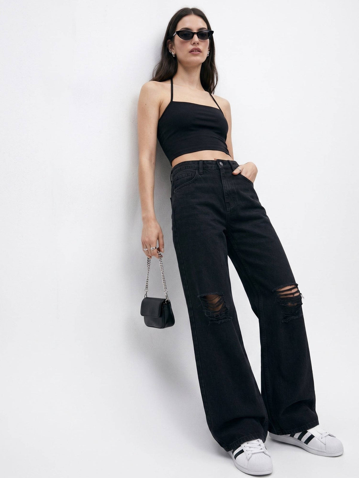 Black Mid Rise Distressed Wide Leg Denim Jeans | WL90 - view 4