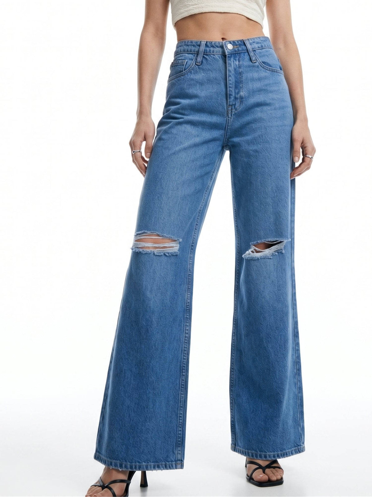 Blue Mid Rise Wide Leg Denim Jeans with Distressed Knee | WL90 - view 1