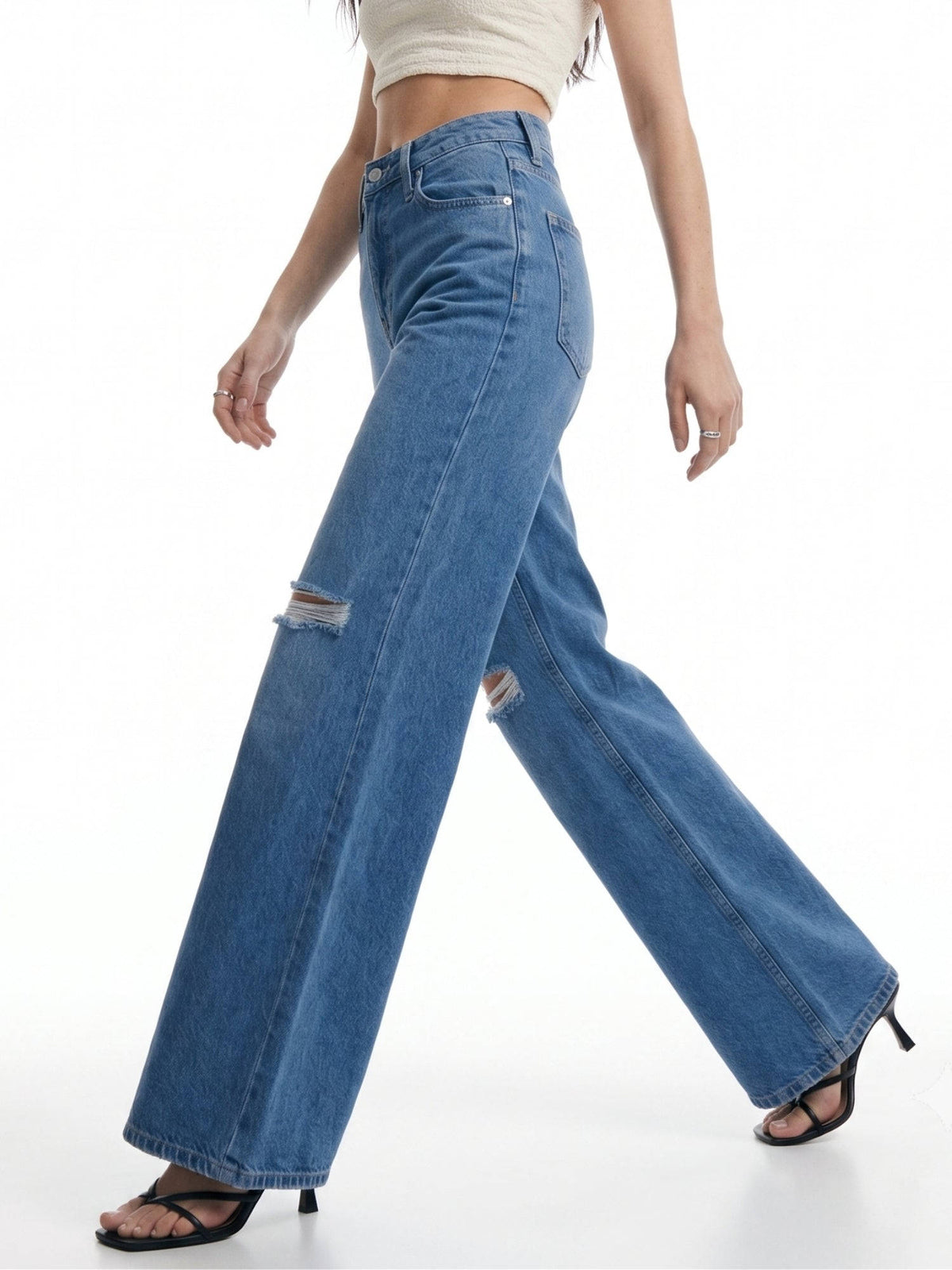Blue Mid Rise Wide Leg Denim Jeans with Distressed Knee | WL90 - view 2