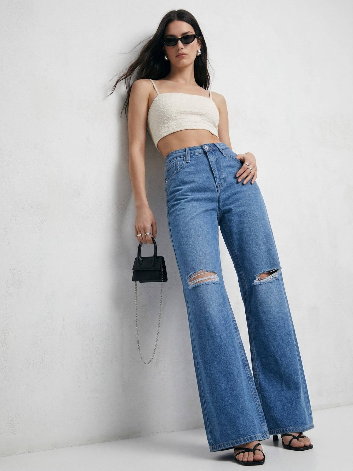 Blue Mid Rise Wide Leg Denim Jeans with Distressed Knee | WL90 - view 3